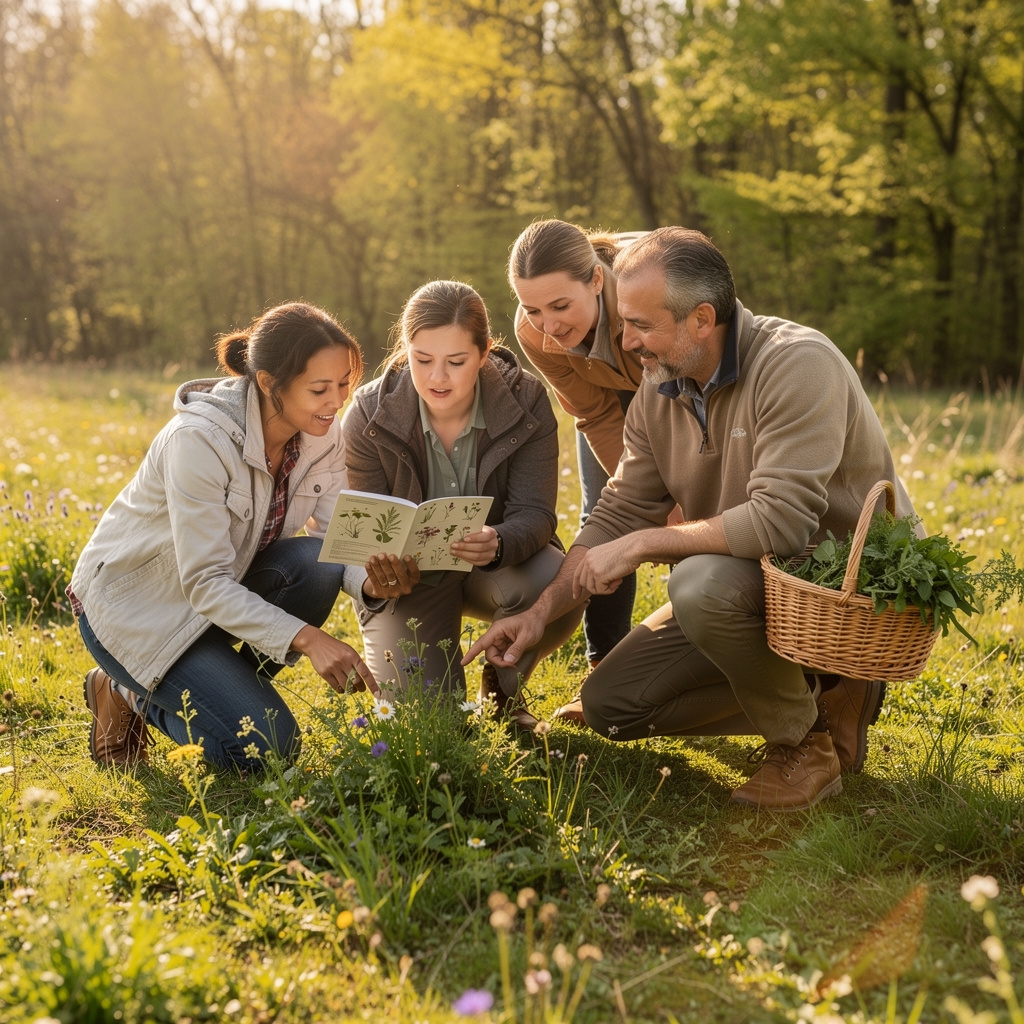 Gruppe von Menschen sammelt Wildkräuter auf einer Frühlingswiese