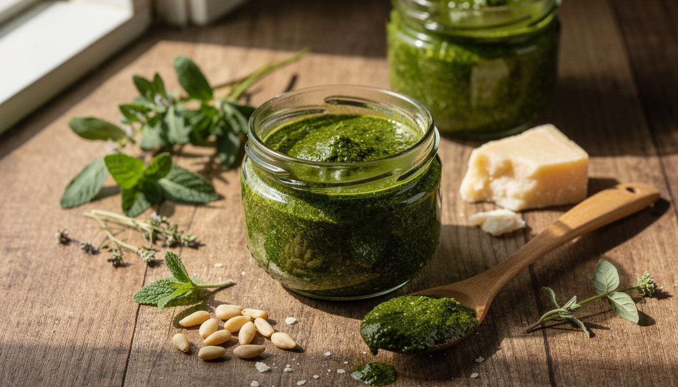 Frisch zubereitetes Wildkräuter-Pesto in einem Glas
