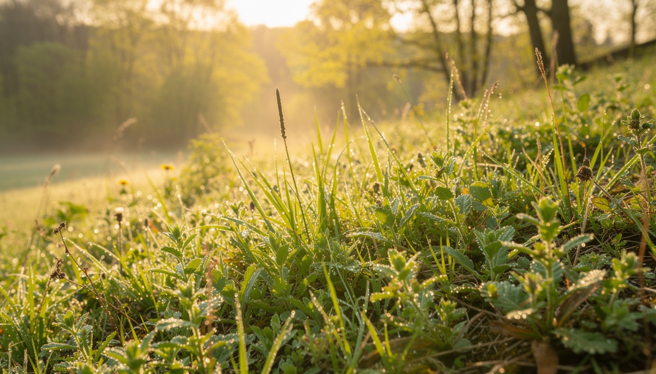 Grüne Wildkräuterwiese im Frühjahr